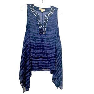 Michael Kors Beaded Asymmetrical Boho Top VNeck Lightweight Blouse Print Blue S